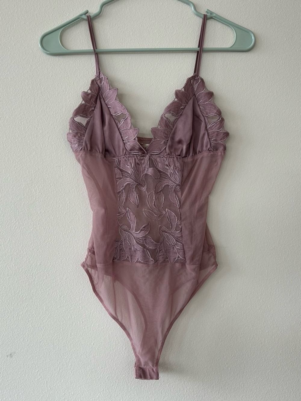 Honey Punch Mauve Sheer Bodysuit w/ Floral Satin Accents
